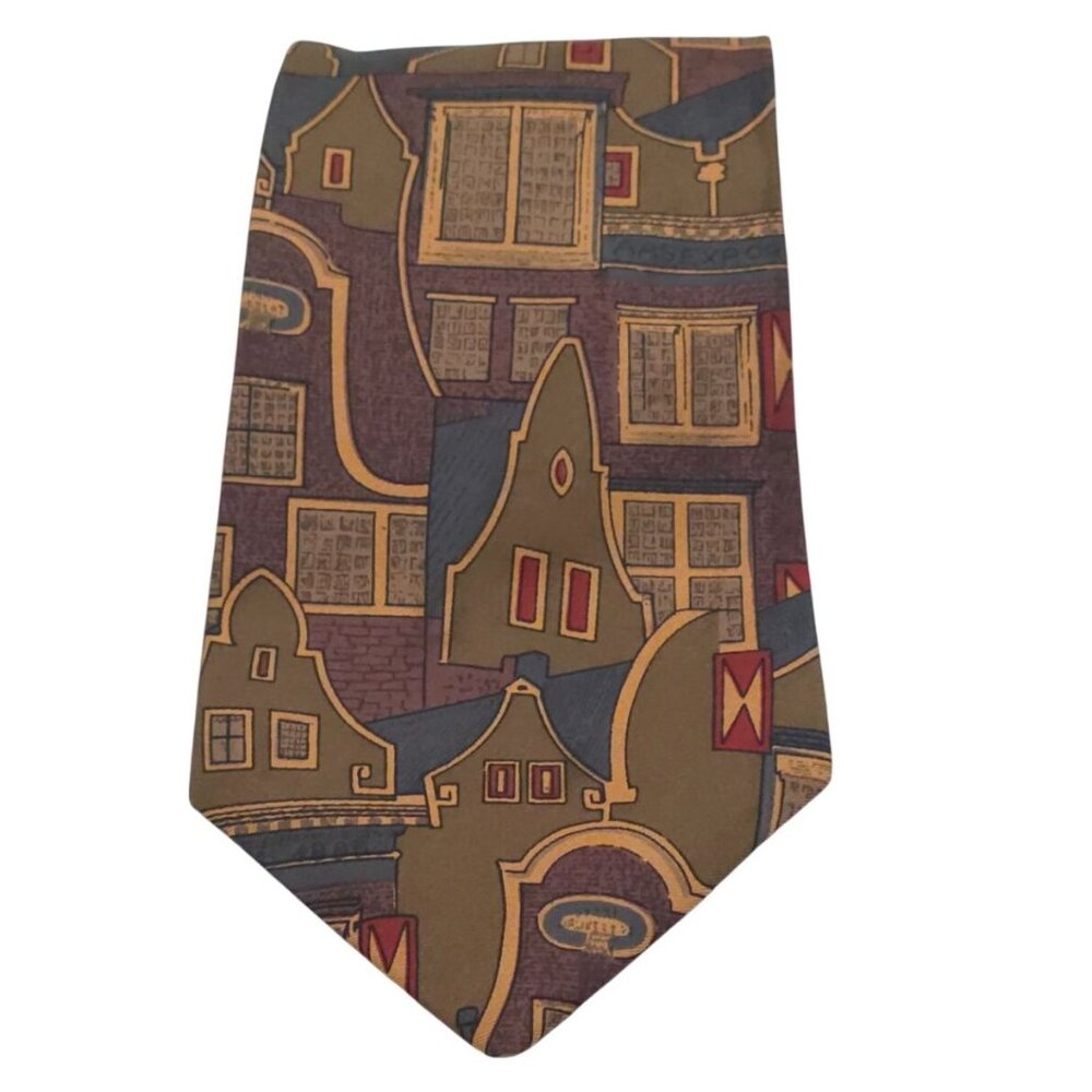Henry Grethel Vintage Silk Tie Whimsical Architectural Pattern Woven In Italy